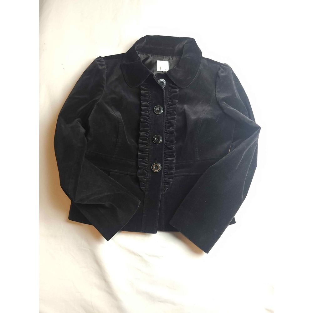 Halogen Black Velvet Ruffle Front Blazer Peter Pan Collar Jacket Womens Medium
